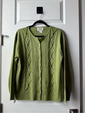 Jenny Light Olive Button-Front Diamond Knit Cardigan